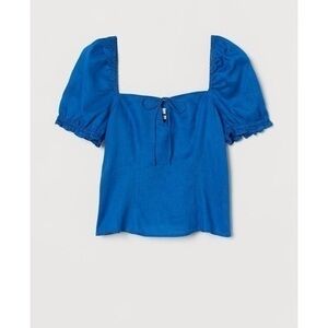 New H&M | Cute Blue Linen Puff Sleeve Top